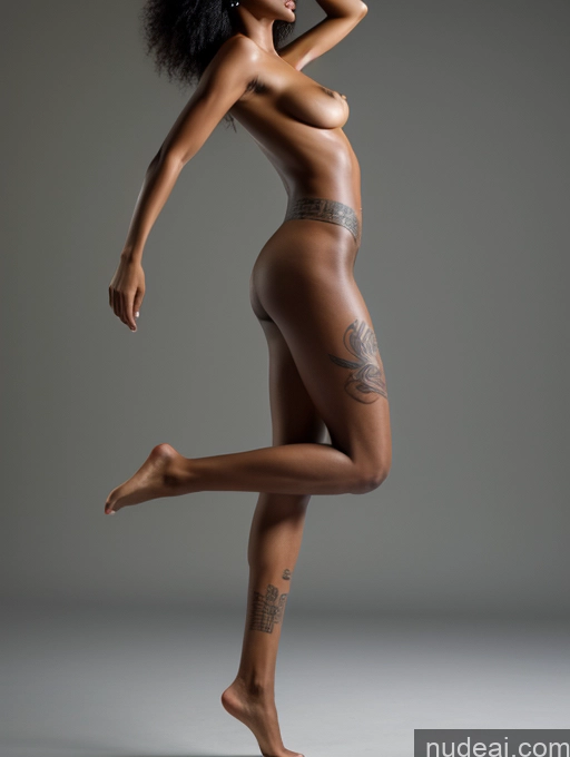 ai nude image of arafed woman with tattoos posing in a studio with her legs spread pics of Model Perfect Boobs Big Ass Skinny Thick Big Hips Perfect Body Black Hair Slicked Nigerian 3d Nude Topless Bright Lighting Detailed Dark Skin Long Legs Tattoos Jumping Side View