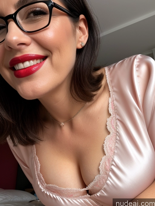 ai nude image of arafed woman in glasses and a pink shirt smiling for the camera pics of Czech Glasses Bedroom Blouse Nightgown Satin Simple Lipstick Black Hair Pixie Sexy Face Happy Close-up View Blowjob Cleavage Busty 50s