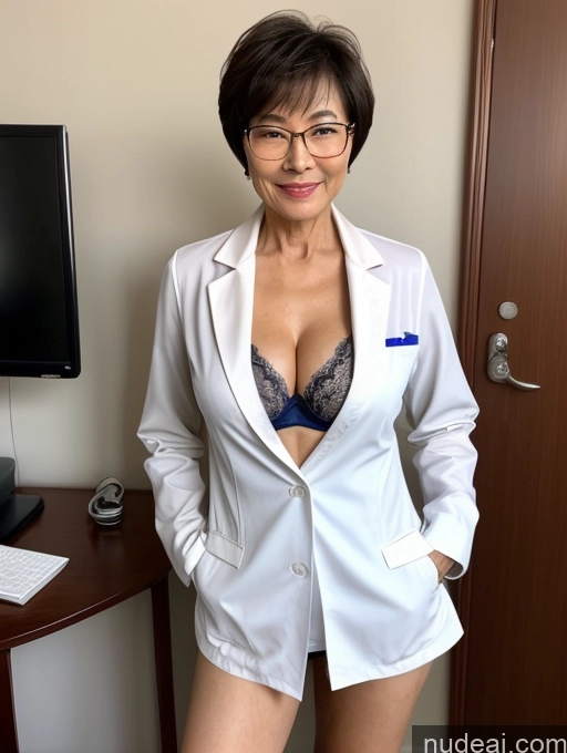 ai nude image of arafed woman in a white lab coat and glasses posing for a picture pics of Milf Two Perfect Boobs Beautiful Glasses Perfect Body 70s Sexy Face Short Hair Chinese Bra Doctor Suit Stylish Cleavage Partially Nude Detailed Lab Coat