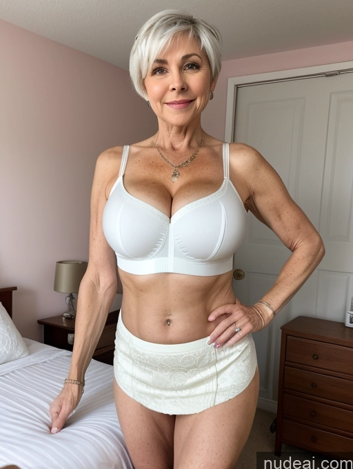 ai nude image of there is a woman in a white underwear posing for a picture pics of Milf Busty Small Ass Skinny Pubic Hair 60s White Hair Pixie Bedroom Crop Top Micro Skirt Cleavage