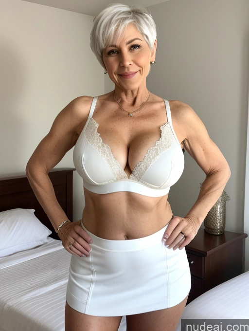 ai nude image of arafed woman in white skirt and bra top posing for a picture pics of Milf Busty Small Ass Skinny Pubic Hair 60s White Hair Pixie Bedroom Crop Top Micro Skirt Cleavage