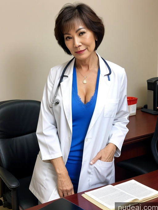 ai nude image of arafed woman in a lab coat standing in front of a desk pics of Milf Two Perfect Boobs Perfect Body Pubic Hair Short Hair 70s Chinese Office Doctor Lab Coat Cleavage Dark Lighting Sexy Face