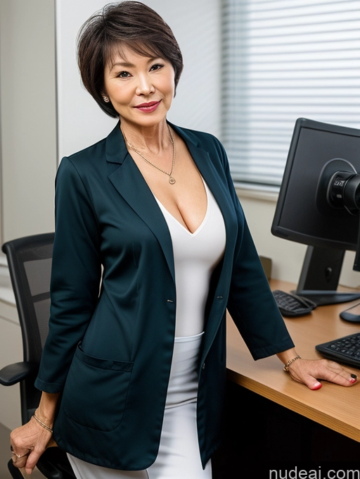 ai nude image of there is a woman standing in front of a computer desk pics of Milf Two Perfect Boobs Perfect Body Pubic Hair Short Hair 70s Chinese Office Doctor Lab Coat Cleavage Dark Lighting Sexy Face