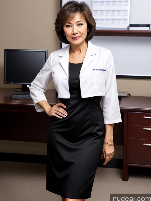 ai nude image of woman in black dress and white jacket standing in front of a desk pics of Milf Two Perfect Boobs Perfect Body Pubic Hair Short Hair 70s Chinese Office Doctor Lab Coat Cleavage Dark Lighting Sexy Face