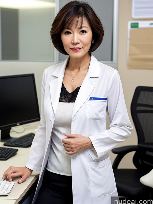 ai nude image of arafed woman in a lab coat standing in front of a computer pics of Milf Two Perfect Boobs Perfect Body Pubic Hair Short Hair 70s Chinese Office Doctor Lab Coat Cleavage Dark Lighting Sexy Face