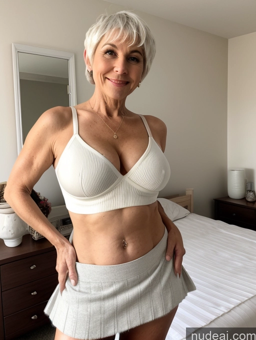 ai nude image of there is a woman in a white bra top and skirt posing for a picture pics of Milf Busty Small Ass Skinny Pubic Hair 60s White Hair Pixie Bedroom Crop Top Micro Skirt Cleavage