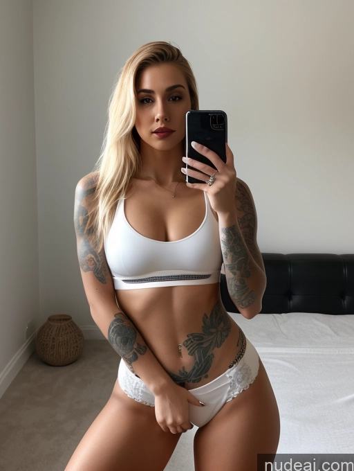 ai nude image of arafed woman taking a selfie in a white bra top pics of Woman Beautiful Tattoos Lipstick Big Ass Perfect Body 18 Seductive Blonde Straight White Mirror Selfie Bedroom Front View Spreading Legs Sports Bra Short Shorts