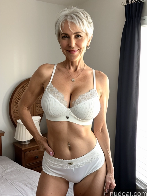 ai nude image of blond woman in white underwear posing for a picture in a bedroom pics of Milf Busty Small Ass Skinny Pubic Hair 60s White Hair Pixie Bedroom Crop Top Micro Skirt Cleavage Spreading Legs