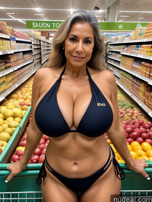 ai nude image of arafed woman in a bikini posing in a grocery store pics of Milf One Busty Huge Boobs Tanned Skin Front View Microkini Thong Grocery Brazilian 70s