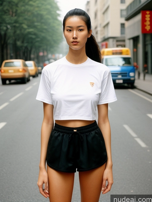 ai nude image of arafed woman in a white shirt and black shorts standing on a street pics of Athlete One Long Legs Perfect Body Perfect Boobs Beautiful Tall 18 Sexy Face Black Hair Ponytail Chinese Street Film Photo T-pose Short Shorts