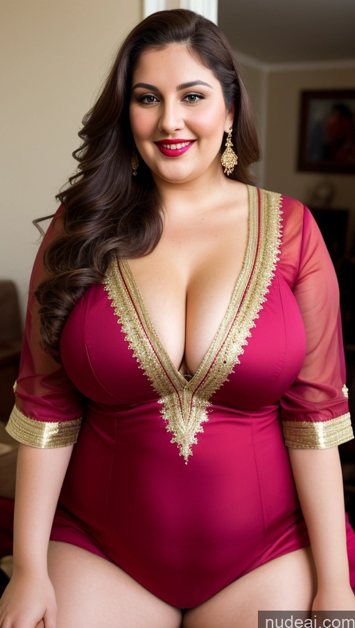 ai nude image of araffe woman in a red and gold outfit posing for a picture pics of Milf Busty Beautiful Lipstick Thick Chubby Fat Big Hips Fairer Skin 20s Happy Seductive Brunette Long Hair Russian Party Front View Straddling Victorian Cleavage Gold Jewelry Doctor Salwar