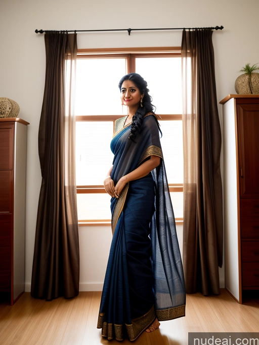 ai nude image of arafed woman in a blue sari standing in front of a window pics of Woman Black Hair Long Hair Indian Bedroom Traditional Sari 40s Front View