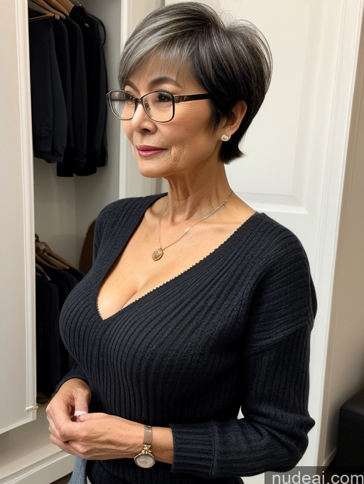 ai nude image of arafed woman in a black sweater and glasses standing in a closet pics of Milf Two Small Tits Beautiful Glasses Perfect Body Short Hair 70s Chinese Side View Bra Casual Professor Sweater Cleavage Dark Lighting Detailed Sexy Face