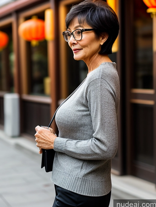 ai nude image of there is a woman standing on the sidewalk with a purse pics of Milf Two Small Tits Beautiful Glasses Perfect Body Short Hair 70s Chinese Side View Bra Casual Professor Sweater Cleavage Dark Lighting Detailed Sexy Face