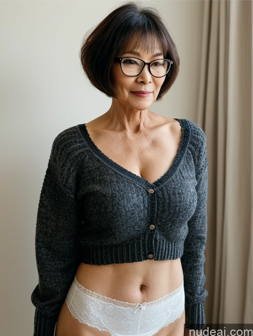 ai nude image of arafed woman in glasses and a gray sweater posing for a picture pics of Milf Two Small Tits Beautiful Glasses Perfect Body Short Hair 70s Chinese Side View Bra Casual Professor Sweater Cleavage Dark Lighting Detailed Sexy Face