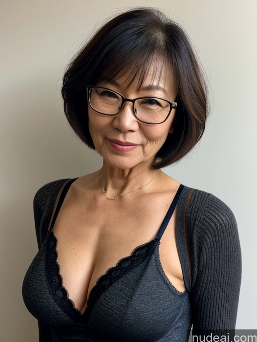 ai nude image of there is a woman with glasses and a bra top posing for a picture pics of Milf Two Small Tits Beautiful Glasses Perfect Body Short Hair 70s Chinese Bra Casual Professor Sweater Cleavage Dark Lighting Detailed Sexy Face Perfect Boobs