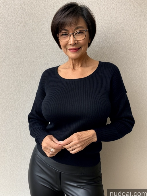 ai nude image of arafed woman in black sweater and leather pants posing for a picture pics of Milf Two Small Tits Beautiful Glasses Perfect Body Short Hair 70s Chinese Bra Casual Professor Sweater Cleavage Dark Lighting Detailed Sexy Face Perfect Boobs