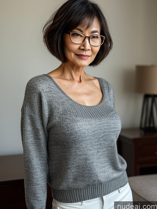 ai nude image of arafed woman in glasses and a gray sweater standing in a living room pics of Milf Two Small Tits Beautiful Glasses Perfect Body Short Hair 70s Chinese Side View Bra Casual Professor Sweater Cleavage Dark Lighting Detailed Sexy Face