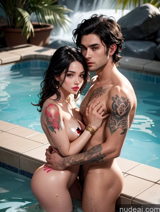 ai nude image of they are posing in the pool together for a picture pics of Tattoos Black Hair Indonesian Illustration Nude Gold Jewelry Dark Lighting Pubic Hair 30s Front View Detailed Woman + Man Two Seductive Messy Hot Tub Cumshot