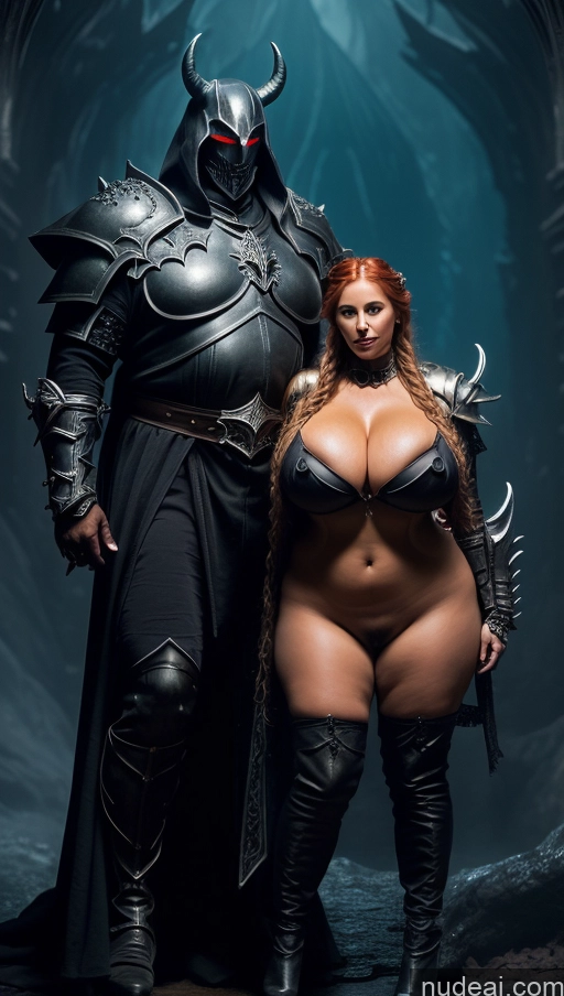 ai nude image of arafed woman in a black outfit and a man in a black costume pics of Oiled Body Fantasy Armor Death Knight Bright Lighting Nude Front View Hell Surrealist Hungarian Braided Ginger Sexy Face 30s Tanned Skin Tall Long Legs Abs Chubby Fat Big Hips Big Ass Huge Boobs Busty Several Woman + Man