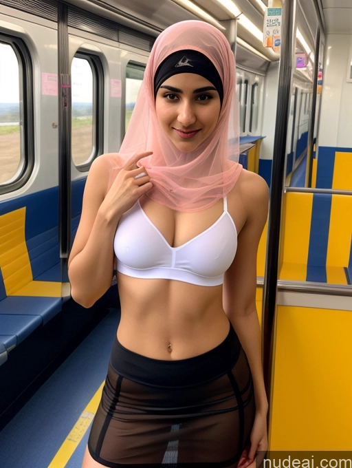 ai nude image of araffe woman in a white bra top and black skirt on a train pics of 18 Athlete One Glasses Big Ass Perfect Boobs Skinny Sexy Face Pink Hair Long Hair Arabic Train Lingerie Mini Skirt Niqab Sports Bra Thong Transparent