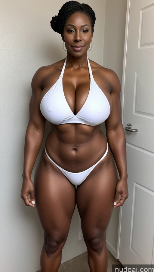 ai nude image of arafed woman in a white bikini posing for a picture pics of Bodybuilder Busty Huge Boobs Muscular Abs Tall Big Ass Sexy Face Beautiful Front View Bikini Microkini Detailed African Dark Skin Seductive Oiled Body Big Hips 70s White Hair Changing Room Hair Bun Spreading Legs