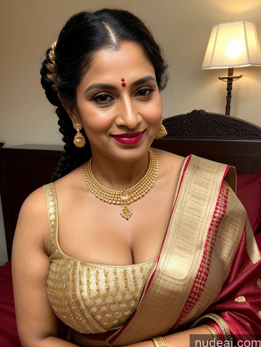 ai nude image of araffe woman in a sari sitting on a bed with a lamp pics of Black Hair Indian Bedroom Traditional Close-up View 40s Milf Perfect Boobs Beautiful Lipstick Sari Wedding Gold Jewelry Braided