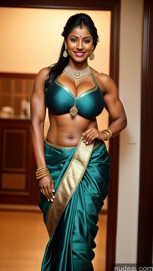 ai nude image of arafed woman in a green sari posing for a picture pics of Bodybuilder Busty Huge Boobs Beautiful Tattoos Lipstick Muscular Big Ass Abs Thick Big Hips Long Legs Tall Perfect Body Dark Skin Oiled Body Happy Indian Front View Sari Traditional Diamond Jewelry Dark Lighting Detailed Sexy Face