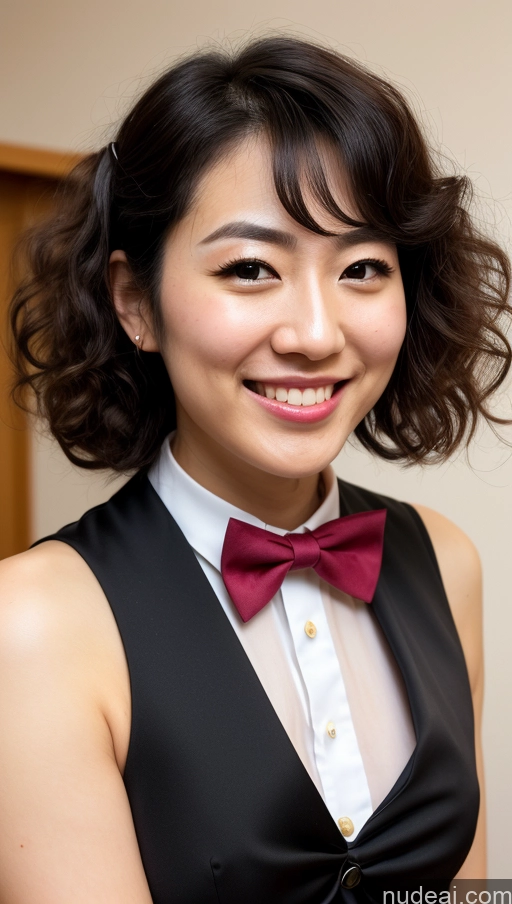 ai nude image of smiling woman in black dress with red bow tie and white shirt pics of 30s Japanese Hairy Women Happy Black Hair Curly Hair Bow Tie