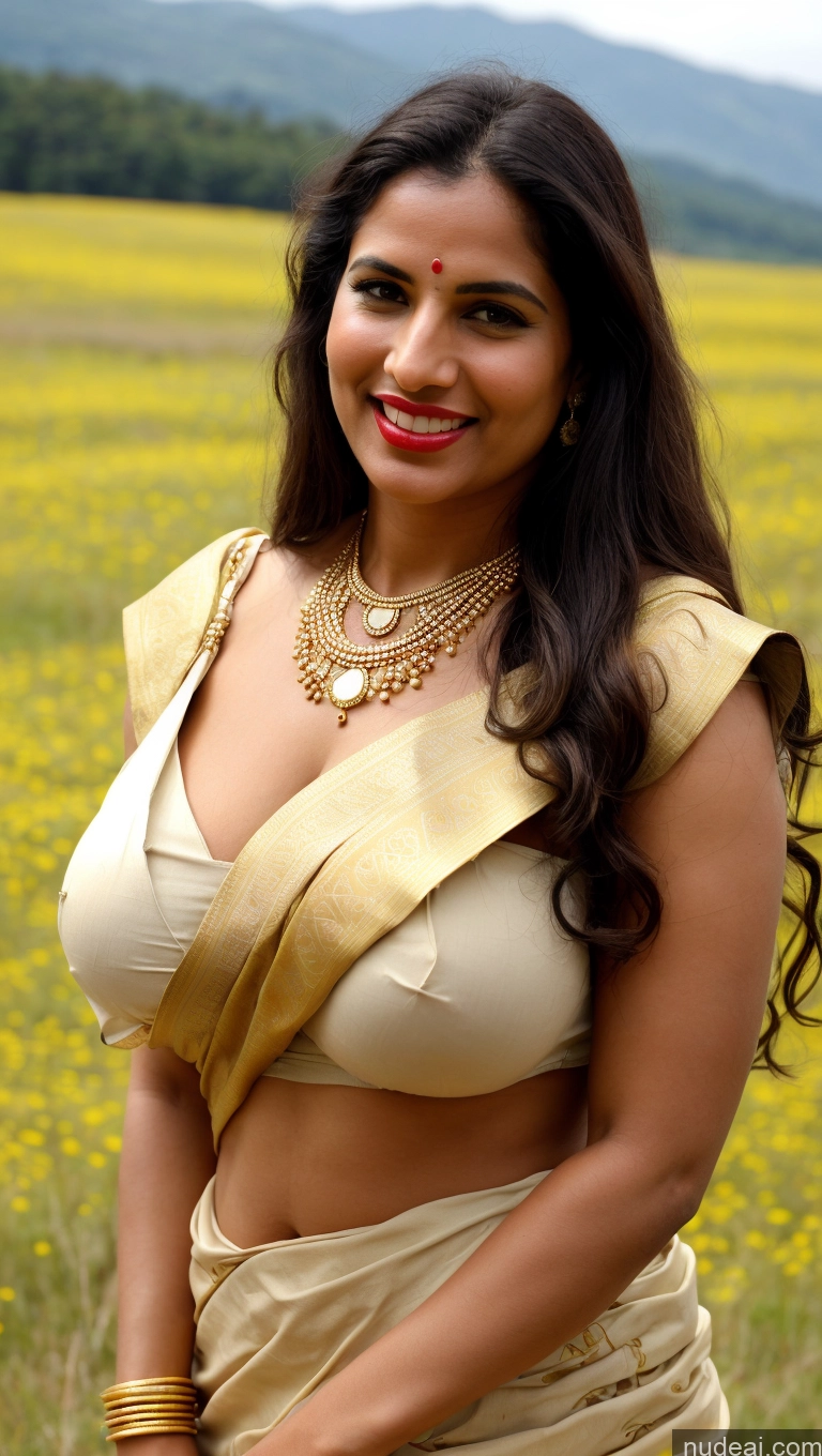 ai nude image of araffe woman in a sari posing in a field of yellow flowers pics of Woman Huge Boobs Beautiful Lipstick Big Ass Fairer Skin 50s Black Hair Happy Indian Skin Detail (beta) Meadow Front View Sari Traditional Tribal Gold Jewelry Bright Lighting