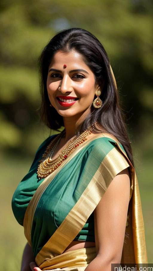 ai nude image of arafed woman in a green and gold sari posing for a picture pics of Woman Huge Boobs Beautiful Lipstick Big Ass Fairer Skin 50s Black Hair Happy Indian Skin Detail (beta) Meadow Front View Sari Traditional Tribal Gold Jewelry Bright Lighting