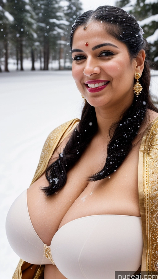 ai nude image of araffe woman in a white bra and gold jacket in the snow pics of Woman Huge Boobs Beautiful Lipstick Big Ass Fairer Skin 50s Black Hair Happy Indian Skin Detail (beta) Front View Sari Traditional Tribal Gold Jewelry Bright Lighting Push-up Bra Snow