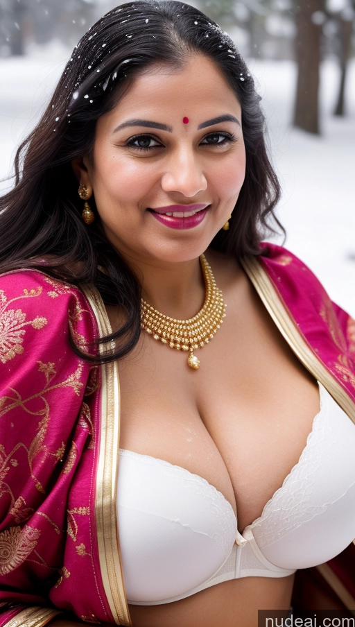 ai nude image of araffe woman in a pink and gold outfit posing for a picture pics of Woman Huge Boobs Beautiful Lipstick Big Ass Fairer Skin 50s Black Hair Happy Indian Skin Detail (beta) Sari Traditional Tribal Gold Jewelry Bright Lighting Push-up Bra Snow Front View