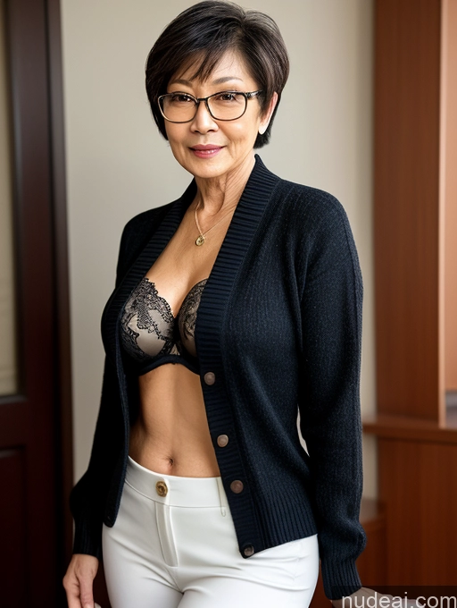 ai nude image of there is a woman in glasses and a black cardigan pics of Milf Two Perfect Boobs Small Tits Beautiful Glasses Perfect Body Short Hair 70s Chinese Bra Casual Professor Sweater Cleavage Dark Lighting Detailed Sexy Face