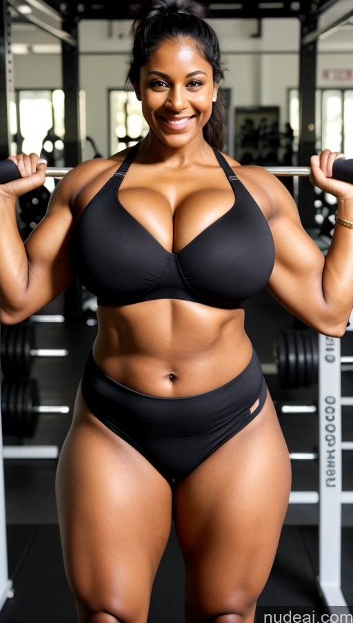 ai nude image of arafed woman in a black bikini posing for a picture in a gym pics of Bodybuilder Busty Huge Boobs Muscular Fat Big Ass Tattoos Beautiful Dark Skin Big Hips 50s Sexy Face Happy Black Hair Ponytail Indian Gym Front View Yoga Short Shorts Cleavage Dark Lighting Detailed Push-up Bra