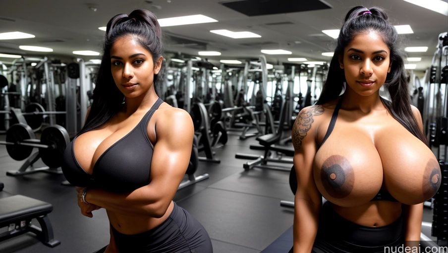 ai nude image of there are two women in a gym room with a lot of equipment pics of Bodybuilder Busty Huge Boobs Muscular Big Ass Tattoos Beautiful Dark Skin Big Hips Sexy Face Black Hair Indian Gym Front View Yoga Cleavage Dark Lighting Detailed Push-up Bra Serious Abs 18 Pigtails Long Skirt