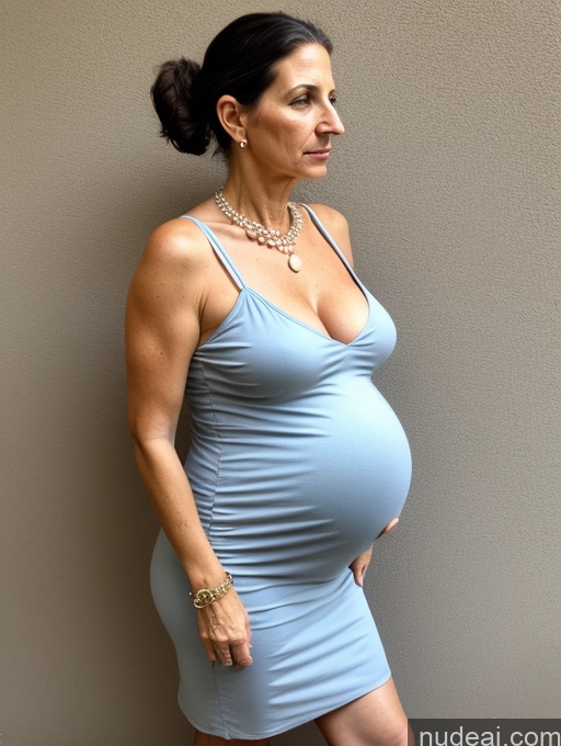 ai nude image of pregnant woman in a blue dress leaning against a wall pics of Milf Busty Skinny Short Pregnant 50s Serious Black Hair Ponytail Jewish Front View Dress Sundress Pearl Jewelry