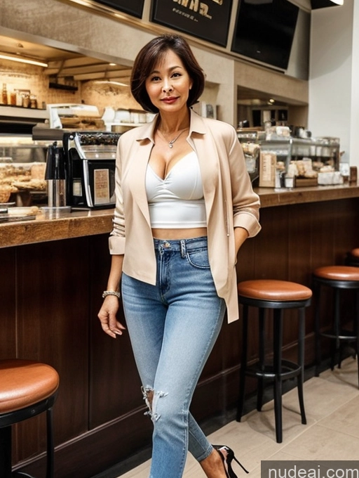 ai nude image of a woman in a white top and jeans standing in front of a counter pics of Milf Two Perfect Boobs Perfect Body Small Tits Beautiful 70s Sexy Face Short Hair Chinese Cafe Blouse Bra Casual High Heels Jacket Jeans Shirt Stylish Cleavage Detailed