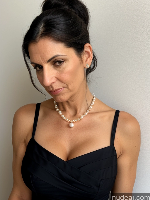 ai nude image of there is a woman in a black dress with a pearl necklace pics of Milf Busty Skinny Short Pregnant 50s Serious Black Hair Ponytail Jewish Front View Dress Sundress Pearl Jewelry