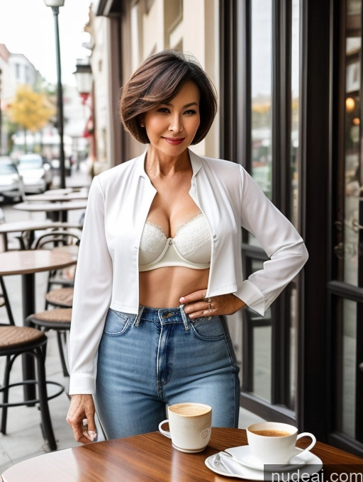 ai nude image of woman in white shirt and jeans standing in front of a table with a cup of coffee pics of Milf Two Perfect Boobs Perfect Body Small Tits Beautiful 70s Sexy Face Short Hair Chinese Cafe Blouse Bra Casual High Heels Jacket Jeans Shirt Stylish Cleavage Detailed