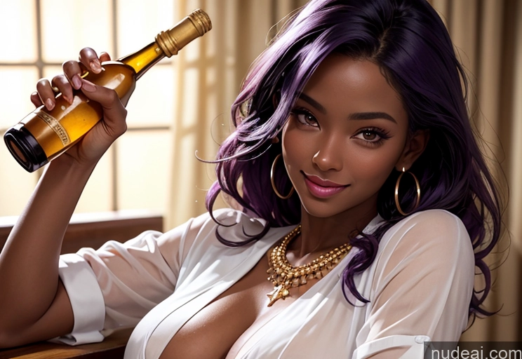 ai nude image of there is a woman with purple hair holding a bottle of wine pics of Two Dark Skin Oiled Body Happy Seductive Sexy Face Purple Hair Nigerian High Heels Nurse Gold Jewelry Wine Beer Transparent