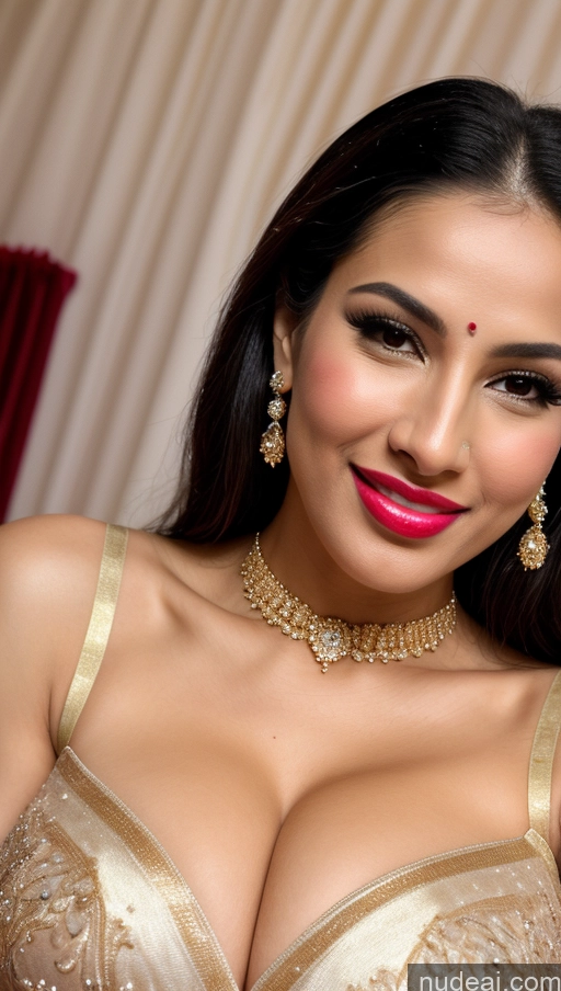 ai nude image of araffed woman in a gold bra top with a pink lipstick pics of Miss Universe Model Huge Boobs Beautiful Lipstick Big Ass Fairer Skin 50s Happy Black Hair Skin Detail (beta) Close-up View Push-up Bra Sari Wedding Gold Jewelry Bright Lighting Persian Snow