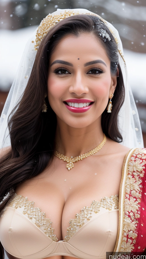 ai nude image of araffed woman in a bridal dress with a veil and jewelry pics of Miss Universe Model Huge Boobs Beautiful Lipstick Big Ass Fairer Skin 50s Happy Black Hair Skin Detail (beta) Close-up View Push-up Bra Sari Wedding Gold Jewelry Bright Lighting Persian Snow