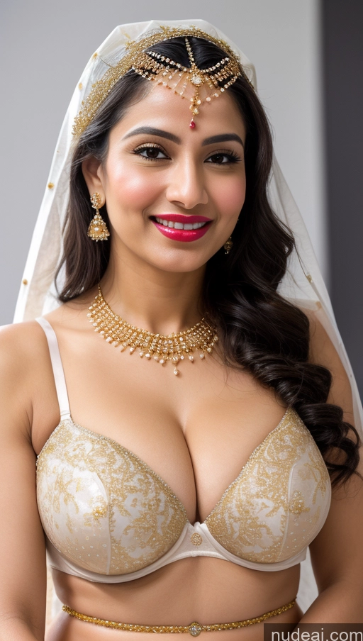 ai nude image of araffed woman in a bridal dress with a veil and jewelry pics of Huge Boobs Beautiful Lipstick Big Ass Fairer Skin 50s Happy Black Hair Skin Detail (beta) Close-up View Push-up Bra Sari Wedding Gold Jewelry Bright Lighting Persian Snow Woman