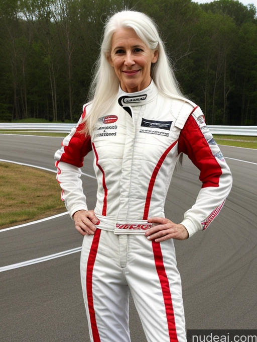 ai nude image of arafed woman in a racing suit standing on a track pics of Woman One Skinny Small Ass Small Tits Fairer Skin 60s White Hair Long Hair White Race Driver