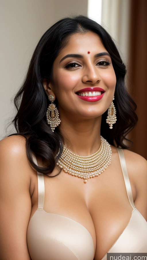 ai nude image of araffed woman in a bra and pearl necklace smiling pics of Huge Boobs Beautiful Lipstick Big Ass Fairer Skin 50s Happy Black Hair Skin Detail (beta) Bright Lighting Woman Push-up Bra Seductive Sexy Face Traditional Middle Eastern Jewelry Straight Pearl Jewelry Close-up View Sari