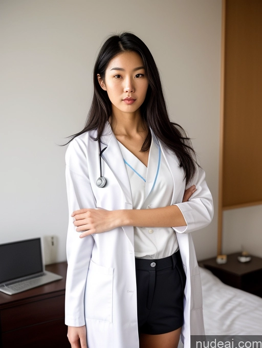 ai nude image of arafed woman in a white lab coat standing in a bedroom pics of Lingerie Model Small Tits Beautiful Big Ass Small Ass Skinny Abs Thick Big Hips Long Legs Tall Perfect Body 18 Serious Black Hair Japanese Front View T-pose Messy Doctor Lab Coat