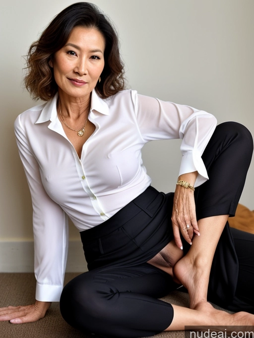 ai nude image of there is a woman sitting on the floor with her legs crossed pics of Milf Perfect Boobs Perfect Body Pubic Hair 70s Chinese Spreading Legs Nude Blouse Casual Professor Shirt Stylish Suit Detailed