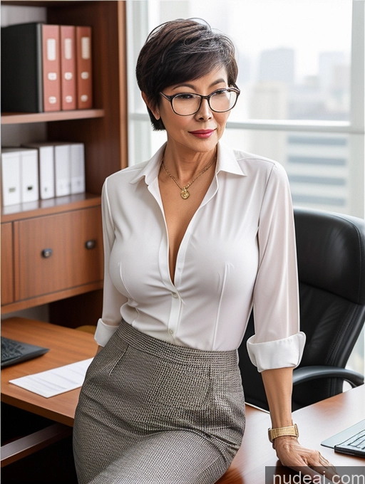 ai nude image of there is a woman sitting at a desk with a laptop pics of Milf Perfect Boobs Beautiful Glasses Perfect Body Short Hair 60s Chinese Office Blouse Casual Professor Stylish Suit Cleavage Dark Lighting Detailed Sexy Face