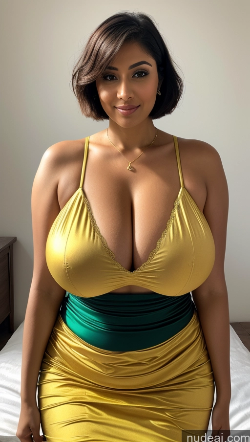 ai nude image of araffe woman in a yellow dress posing on a bed pics of Huge Boobs Perfect Boobs Beautiful Busty Big Ass Big Hips Perfect Body Bright Lighting Woman Cleavage Middle Eastern Short Hair Traditional Dress